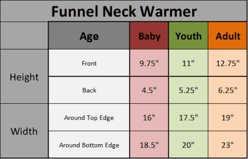 Funnel Neck Warmer Sizing Chart