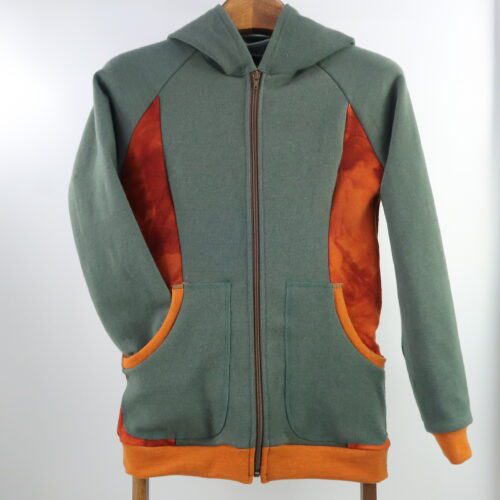 Unisex Adult Cardigan Zipper. Merino Wool Olive Green and red and orange tie dye colour.