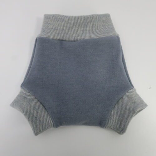 Our Brief Fit Wool Diaper Cover. This cover is a bit taller and more trim fitting that our Traditional style of cover. The leg cuffs are also small/tighter and longer. This item is a medium grey with light grey striped cuffs and waistband.