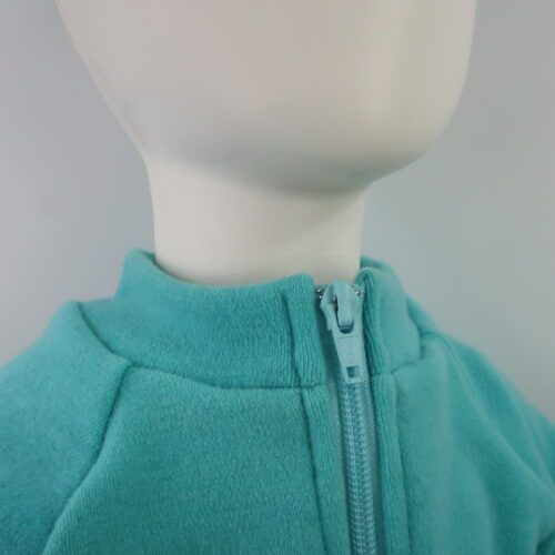 Merino Wool Zippered Cardigan Sweater. This sweater has a zipper the whole length of the sweater. There are options for a cuffed or hemmed bottom and sleeves are cuffed. Neck can be a short collar, tall collar, or a hood. This sweater is an aqua colour with a short collar.