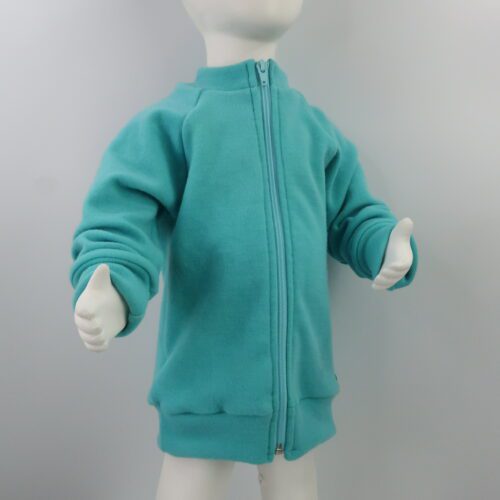 Merino Wool Zippered Cardigan Sweater. This sweater has a zipper the whole length of the sweater. There are options for a cuffed or hemmed bottom and sleeves are cuffed. Neck can be a short collar, tall collar, or a hood. This sweater is an aqua colour with a short collar.