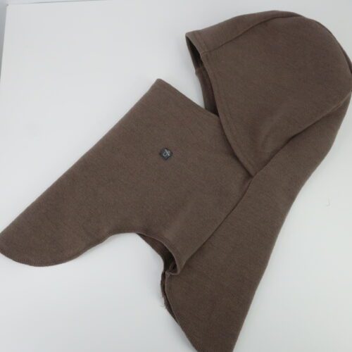 Bevor-Clava. Merino wool hooded balaclava hinged at the back of the neck, with a funnel neck front. Medium brown colour